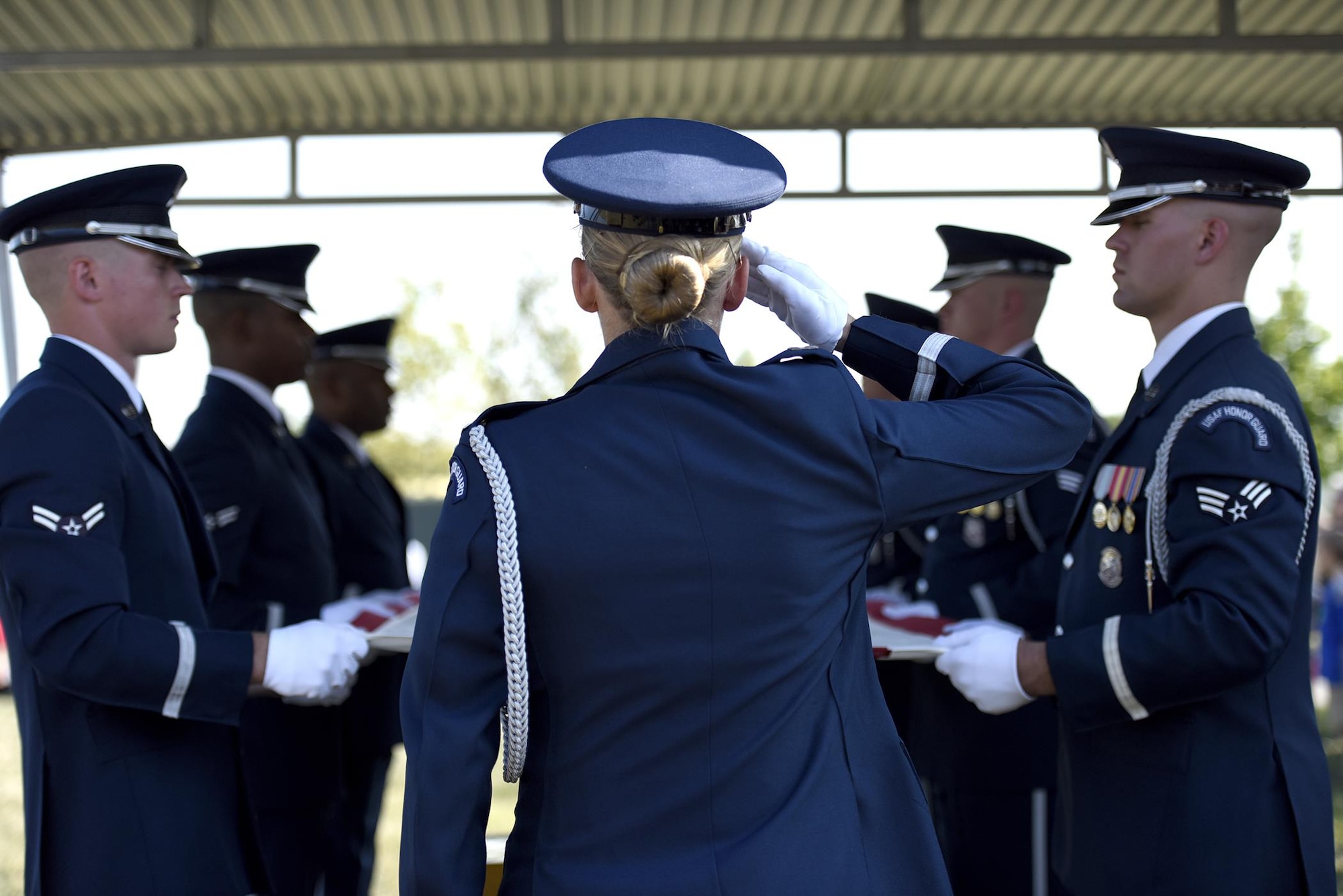 Members of the U.S. Air Force Honor Guard provide full military honors for the late 2nd Lt. Elanie Harmon, one of the original Women Airforce Service Pilots, during a ceremony held in her honor at Alrington National Cemetery, Va., Sept. 7, 2016. Harmon died in 2015 at the age of 95. (U.S. Air Force photo/Staff Sgt. Alyssa C. Gibson)