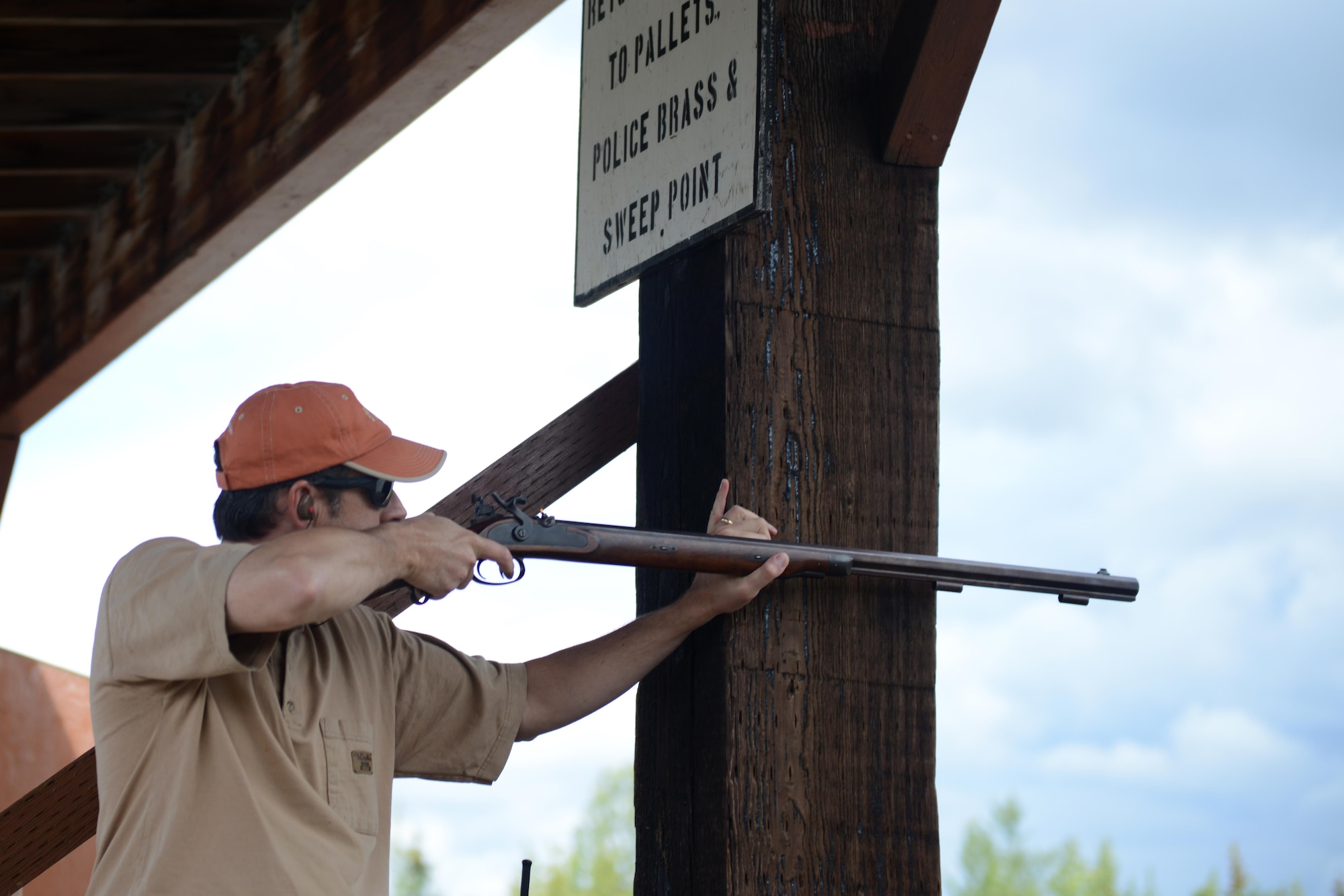 Scott Crockett, a staff member for the USDA, fires his muzzleloader at the Joint Base Elmendorf-Richardson-R Combat Arms Training and Maintenance range, Aug. 20, 2016. Entrance into either of the JBER hunts is a by drawing permit only which is conducted by the Alaska Department of Fish and Game. 