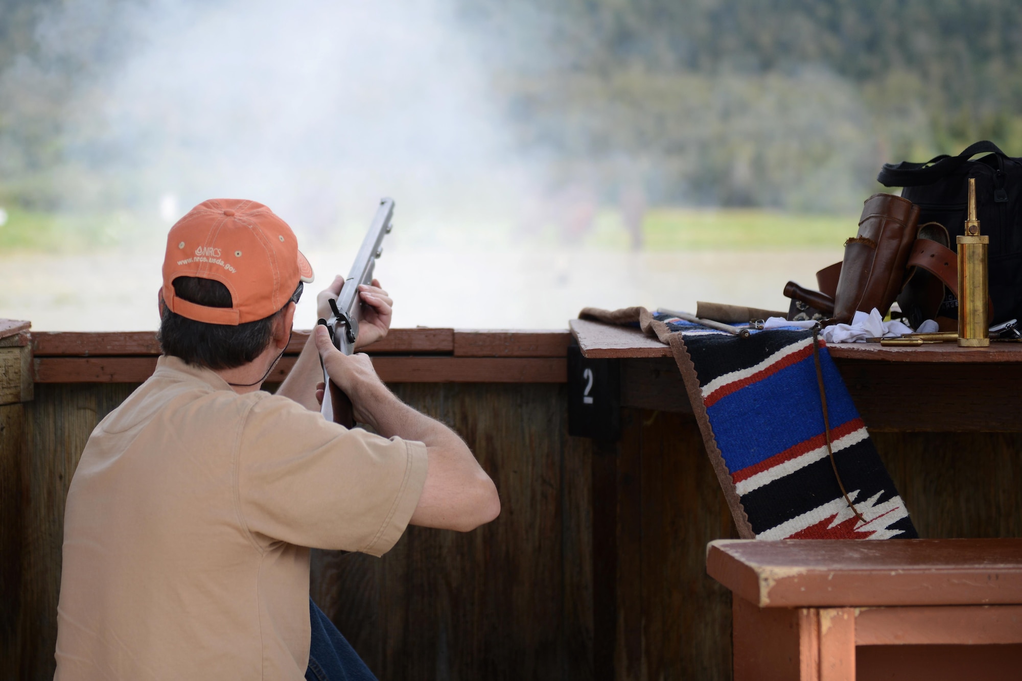 Scott Crockett, a staff member for the USDA, fires his muzzleloader at the Joint Base Elmendorf-Richardson-R Combat Arms Training and Maintenance range, Aug. 20, 2016. Entrance into either of the JBER hunts is a by drawing permit only which is conducted by the Alaska Department of Fish and Game.