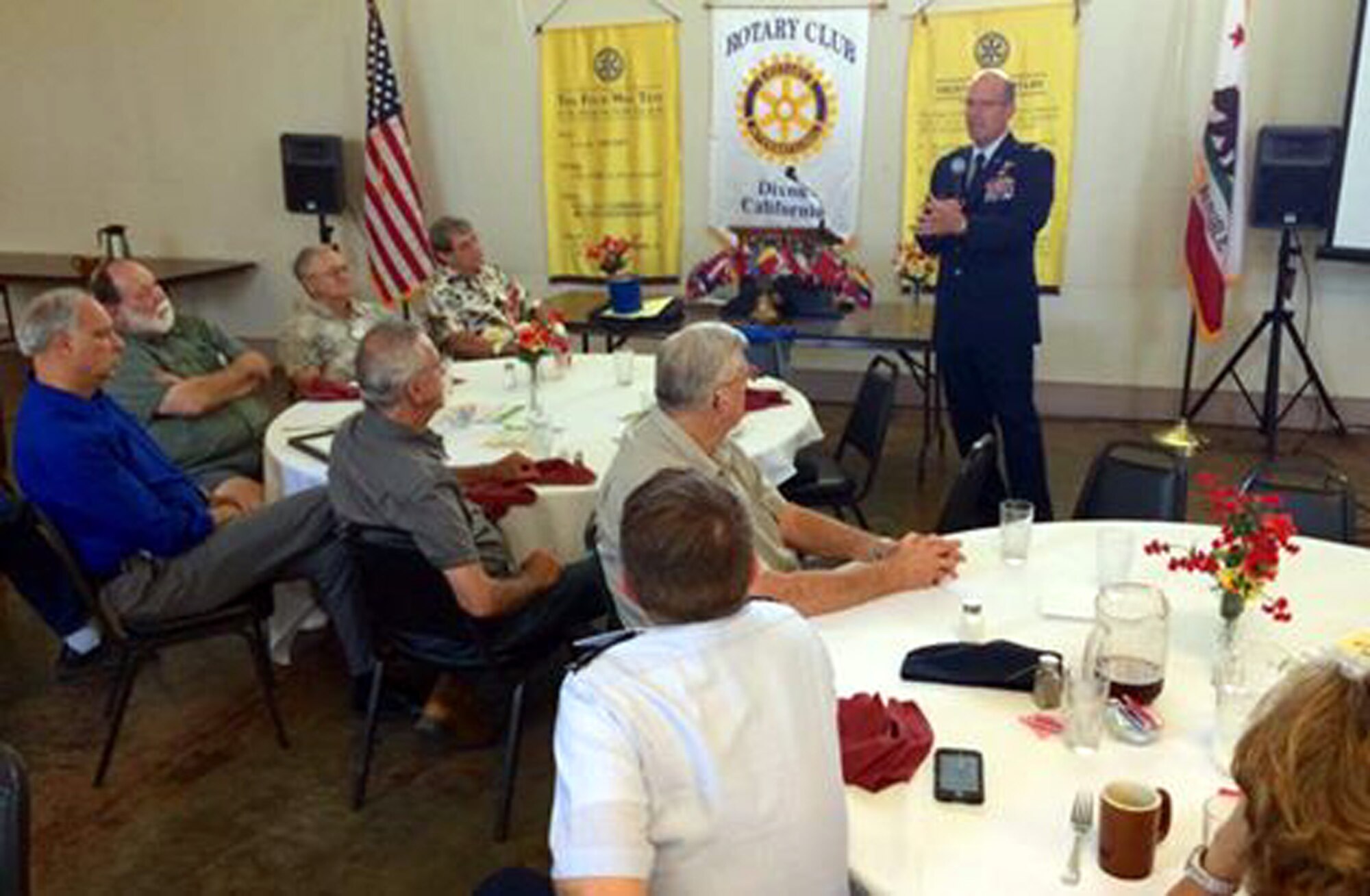 Col. Raymond Kozak, 349th Air Mobility Wing commander, speaks to the Dixon Rotary Club about the important contributions Citizen Airmen have made for the past 68 years, during a luncheon in Dixon, Calif., Sept. 7, 2016.