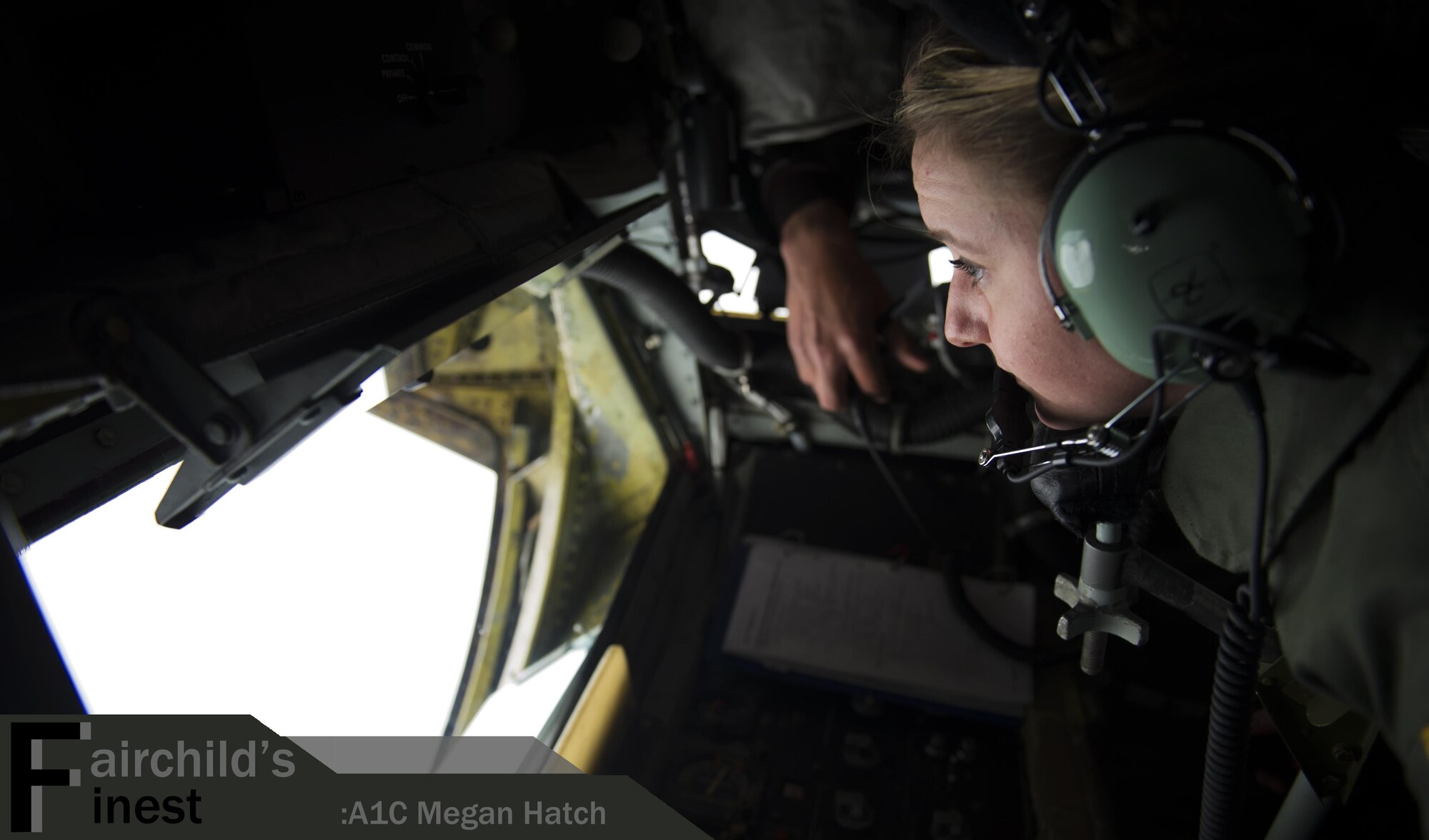 Airman 1st Class Megan Hatch, 93rd Air Refueling Squadron boom operator, refuels an airplane April 5, 2016, over Washington State. Her leadership selected her as one of Fairchild’s Finest, a weekly recognition program that highlights top-performing Airmen. (U.S. Air Force photo/Airman 1st Class Sean Campbell)