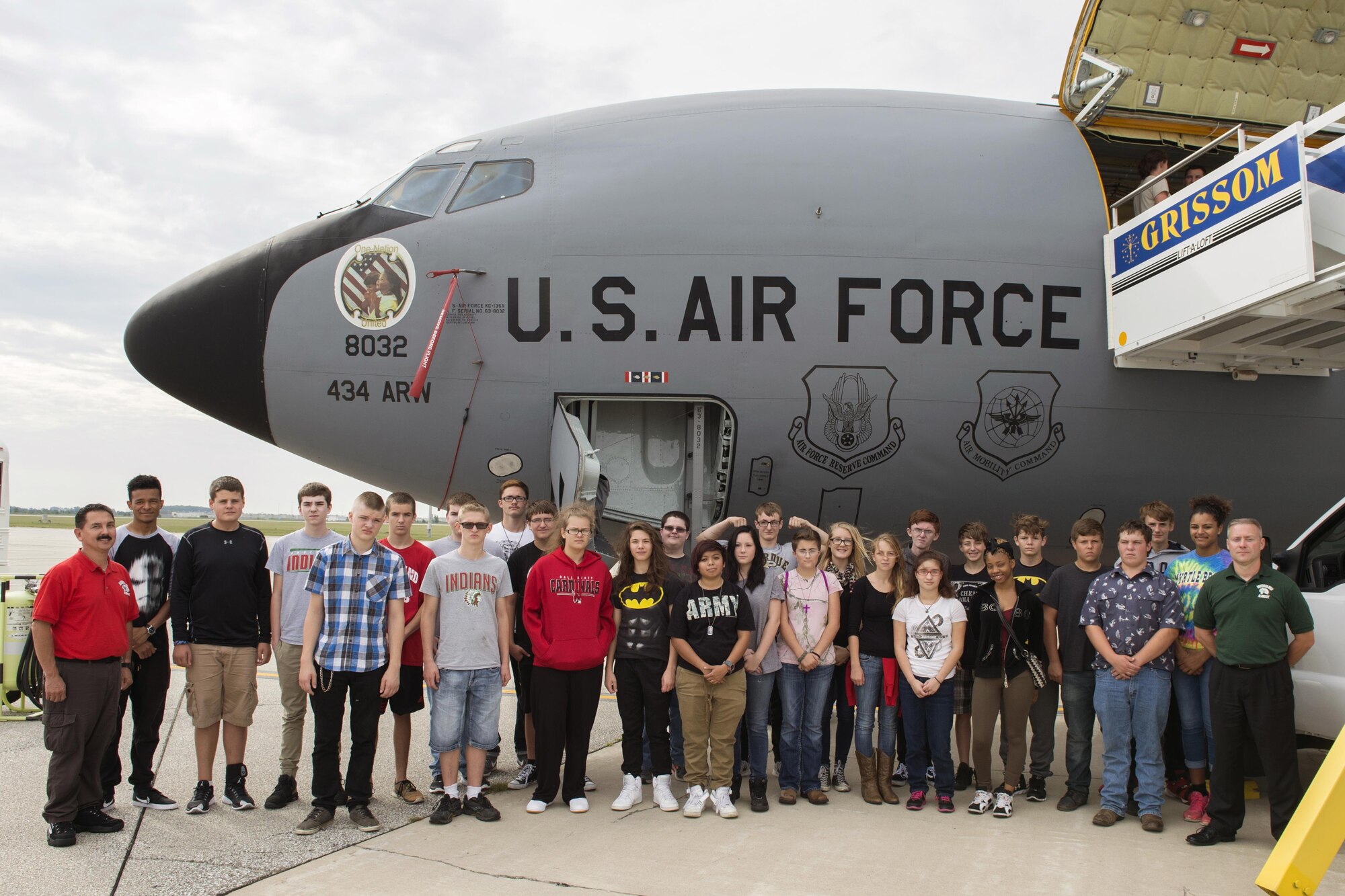 Anderson High School Junior ROTC cadets and staff pose for a photo in front of a KC-135R Stratotanker at Grissom Air Reserve Base, Ind., Aug. 24, 2016. During the tour, cadets were able to speak with pilots, boom operators, and crew chiefs to get an in depth understanding of what it takes to keep the KC-135s flying and mission ready. (U.S. Air Force photo/Tech. Sgt. Benjamin Mota)