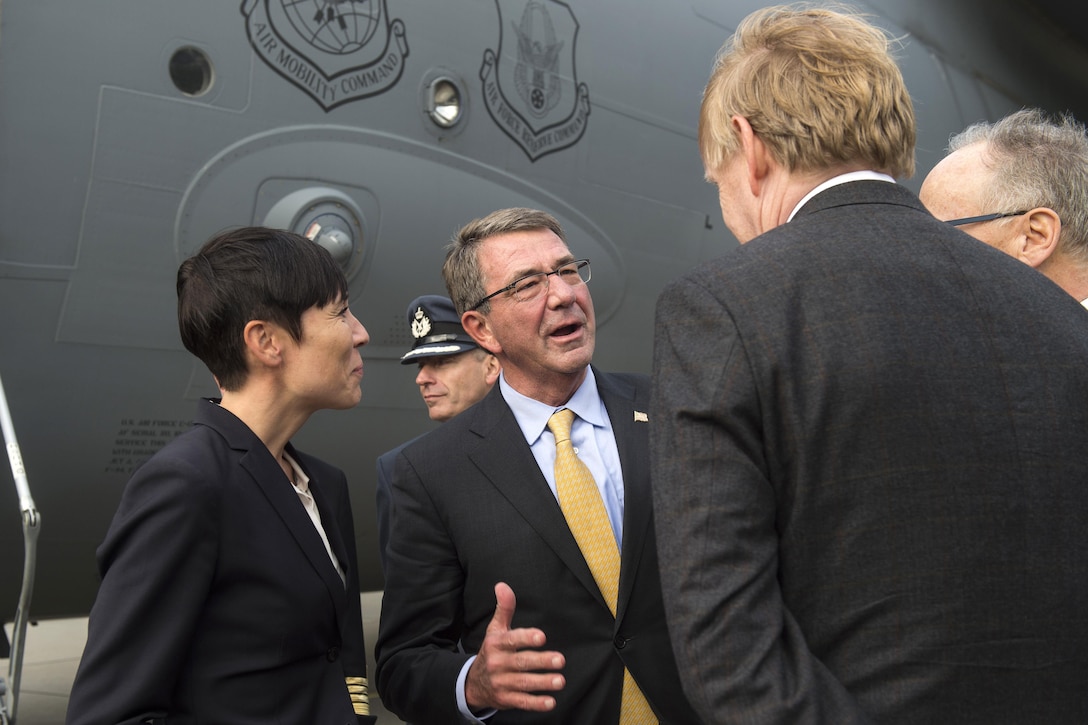 From left,  Norwegian Minister of Defense Ine Eriksen Soreide and Defense Secretary Ash Carter, are welcomed by Kare Aass, Norwegian ambassador to the U.S., and Samuel Heins, U.S. ambassador to Norway, after arriving at Bodo Air Base, Norway, Sept. 8, 2016. DoD photo by U.S. Air Force Tech. Sgt. Brigitte N. Brantley
