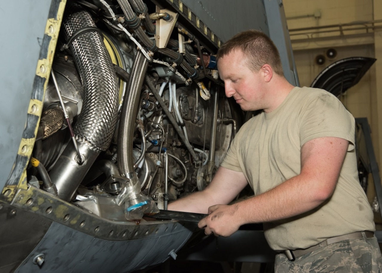 Air Force Airman 1st Class John Karley, 136th Maintenance Squadron propulsion technician, Texas Air National Guard, repairs a C-130H2 Hercules aircraft propulsion system at Naval Air Station Fort Worth Joint Reserve Base, Texas, Aug. 27, 2016. Karley has been working on propulsion systems with the Texas Air National Guard for more than two years. Air National Guard photo by Senior Master Sgt. Elizabeth Gilbert