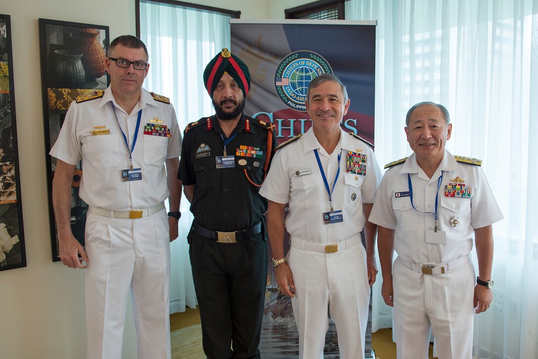 From left, Australian Vice Adm. Ray Griggs, Australia’s vice chief of the defense force; Indian Lt. Gen. Narinder Pal Singh Hira, India’s deputy chief of army staff; U.S. Navy Adm. Harry B. Harris, Jr., commander of U.S. Pacific Command; and Japanese Adm. Katsutoshi Kawano, Japan Self-Defense Forces chief of staff, stand for a photo during the 2016 Chiefs of Defense Conference hosted by the Armed Forces of Philippines and U.S. Pacific Command in Manila, Philippines, Sept. 7, 2016. The event brings together military leaders to discuss regional and global challenges and to promote multilateral cooperation in the Indo-Asia-Pacific region. Navy photo Petty Officer 1st Class Jay M. Chu