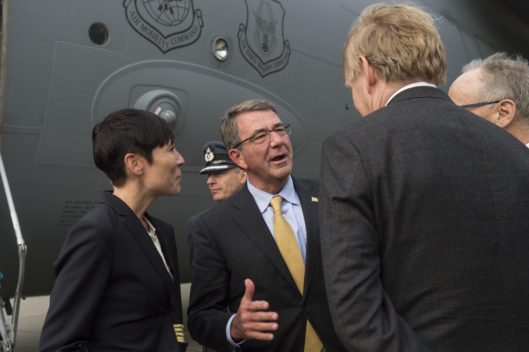 Defense Secretary Ash Carter, center, and Norwegian Defense Minister Ine Eriksen Soreide greet Samuel Heins, right, U.S. ambassador to Norway, and Kare R. Aas, Norwegian ambassador to the United States, after arriving at Bodo Air Base, Norway, Sept. 8, 2016. DoD photo by Air Force Tech. Sgt. Brigitte N. Brantley