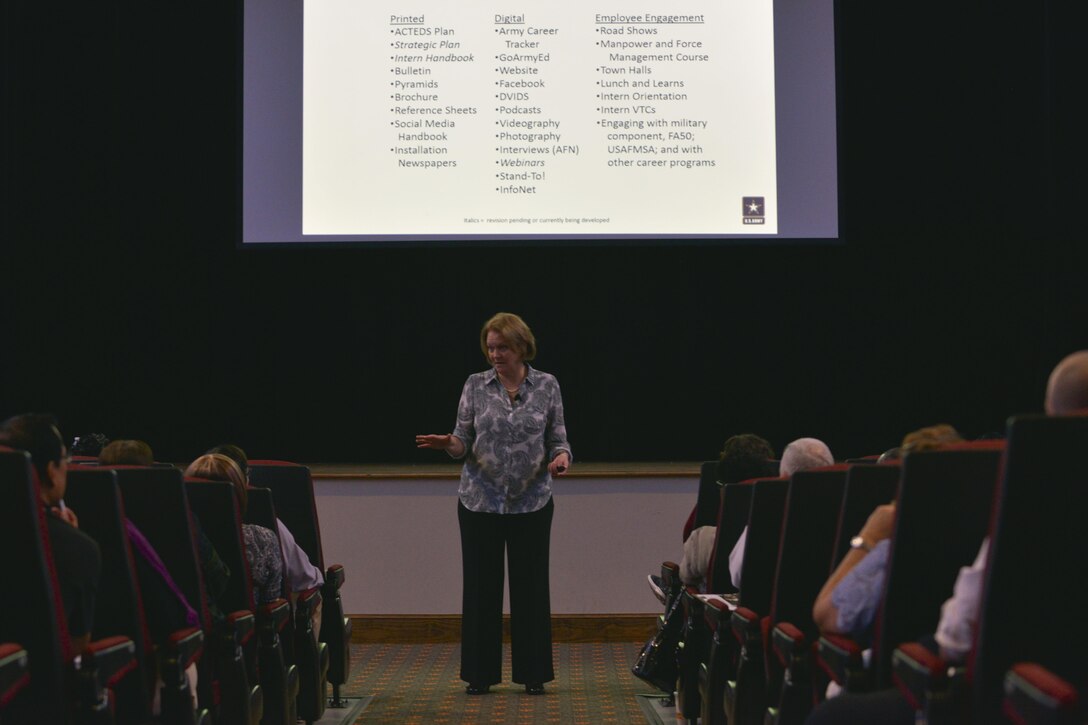 Beryl Hancock, Career Program 26 Proponency Office chief, speaks to a group of Army civilians about manpower and force management at Fort Eustis, Va., August 23, 2016. CP26 is a civilian career program that analyzes and resources the Army's operating and generating forces in support of national military strategy