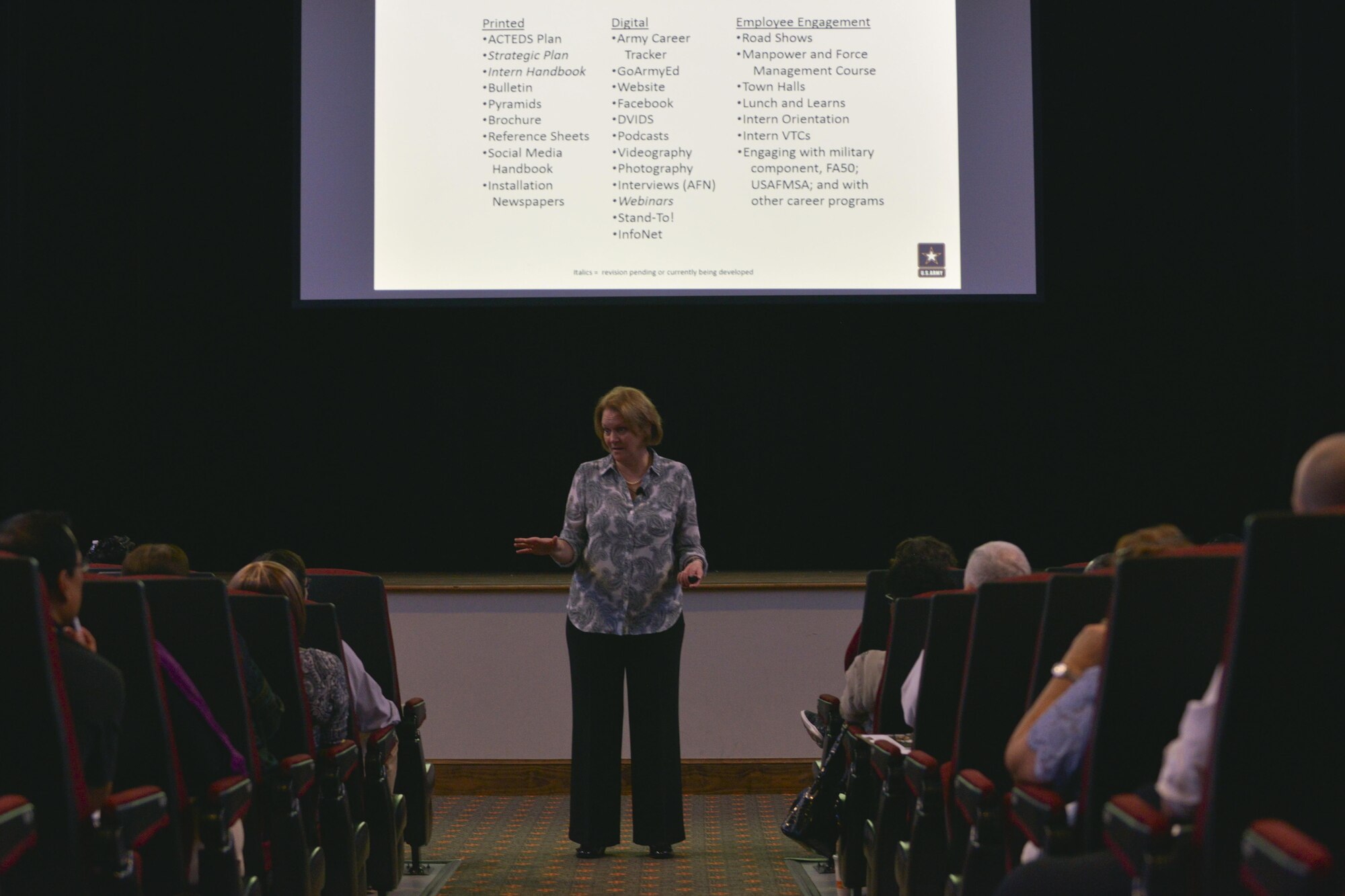 Beryl Hancock, Career Program 26 Proponency Office chief, speaks to a group of Army civilians about manpower and force management at Fort Eustis, Va., August 23, 2016. CP26 is a civilian career program that analyzes and resources the Army's operating and generating forces in support of national military strategy