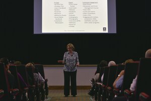 Beryl Hancock, Career Program 26 Proponency Office chief, speaks to a group of Army civilians about manpower and force management at Fort Eustis, Va., August 23, 2016. CP26 is a civilian career program that analyzes and resources the Army's operating and generating forces in support of national military strategy