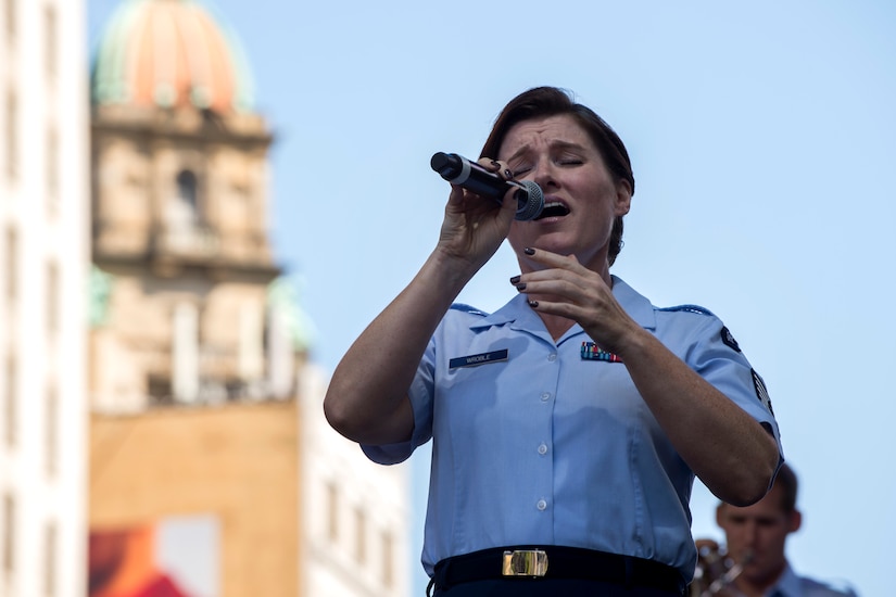 Tech. Sgt. Paige Wroble, U.S. Air Force Band’s Airmen of Note vocalist, performs during the Detroit International Jazz Festival in Detroit, Mich., Sept. 4, 2016. This marked the third time since 2012 that the Airmen of Note have performed at the Detroit International Jazz Festival. (U.S. Air Force photo by Senior Airman Philip Bryant) 