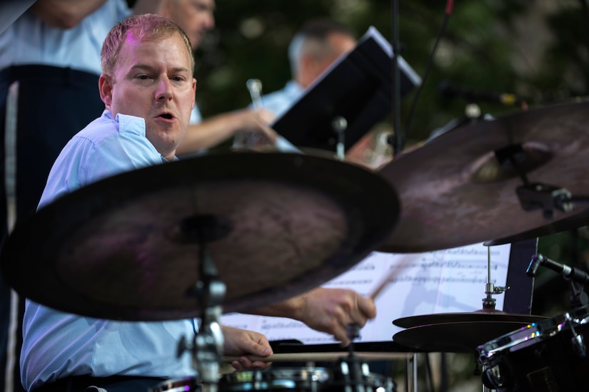 Tech. Sgt. David McDonald, U.S. Air Force Band’s Airmen of Note drummer, performs during the Detroit International Jazz Festival in Detroit, Mich., Sept. 4, 2016. The Airmen of Note were one of 29 performances at the Detroit International Jazz Festival. (U.S. Air Force photo by Senior Airman Philip Bryant) 