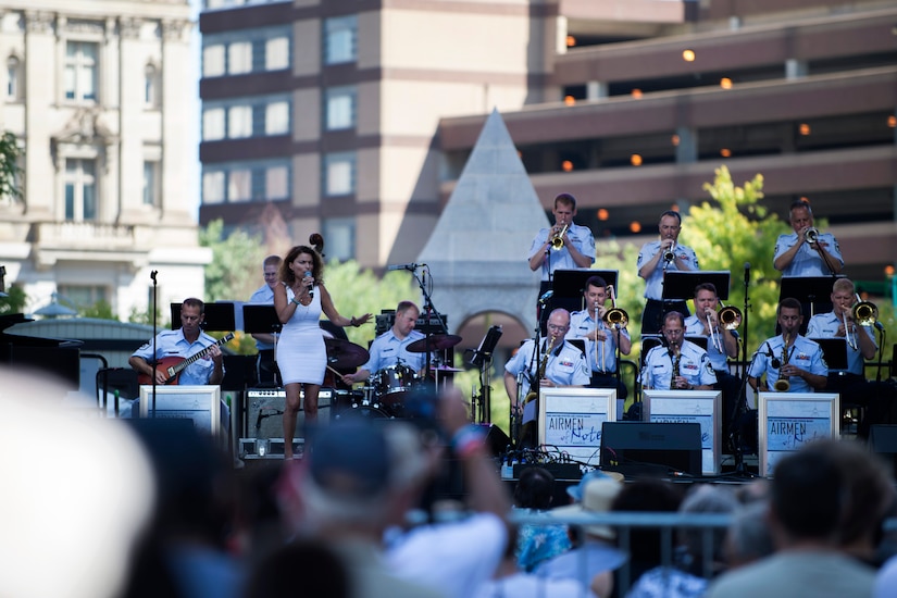Roberta Gambarini, vocalist, performs with the U.S. Air Force Band’s Airmen of Note during the Detroit International Jazz Festival in Detroit, Mich., Sept. 4, 2016. Gambarini had performed once before with the Airmen of Note in 2012, during the Jazz Heritage Series, in Washington, D.C. (U.S. Air Force photo by Senior Airman Philip Bryant) 