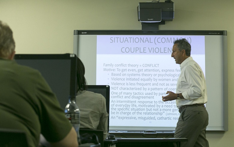 David Wexler, clinical psychologist and executive director, Relationship Training Institute San Diego, gives a lecture on different reasons domestic violence takes place within relationships during his Skills, Techniques, Options and Plans training program at the Education Center, Aug. 17, 2016. (Official Marine Corps photo by Cpl. Thomas Mudd/Released)