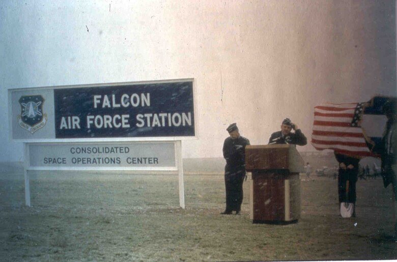 Falcon Air Force Station leadership speak in unfavorable weather conditions in the days when Schriever was named after a nearby town and was small enough to be classified as a station. It wasn’t until June 13, 1988, that Falcon AFS was renamed Falcon Air Force Base due to continual growth. (Schriever archives)