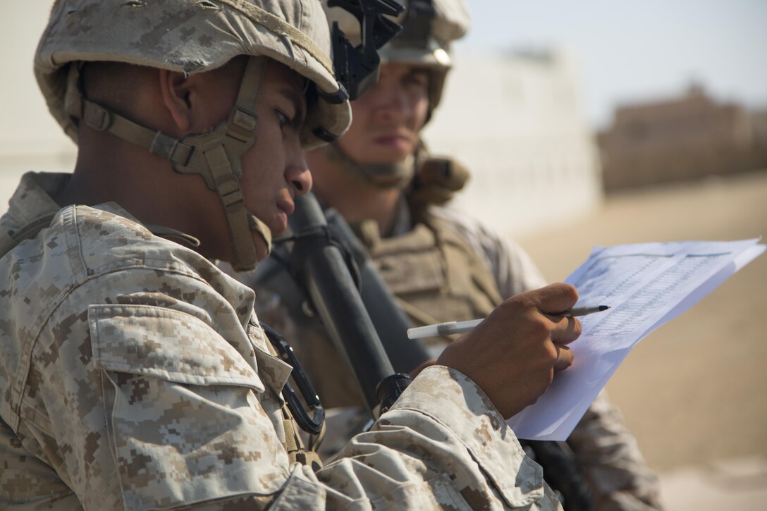 Marines with Special Purpose Marine Air Ground Task Force, Crisis Response, Central Command, conduct a non-combatant evacuation operation exercise at Range 220, a military operations on urbanized terrain facility, aboard the Marine Corps Air Ground Combat Center, Twentynine Palms, Calif., Aug. 24, as part of a Certification Exercise. (Official Marine Corps photo by Lance Cpl. Levi Schultz/Released)