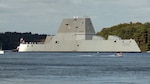 Video frame grab showing the future USS Zumwalt (DDG 1000) departing Bath Iron Works marking the beginning of a 3-month journey to its new homeport in San Diego, Sept. 7, 2016. Crewed by 147 Sailors, Zumwalt is the lead ship of a class of next-generation multi-mission destroyers designed to strengthen naval power. They are capable of performing critical maritime missions and enhance the Navy's ability to provide deterrence, power projection and sea control. 