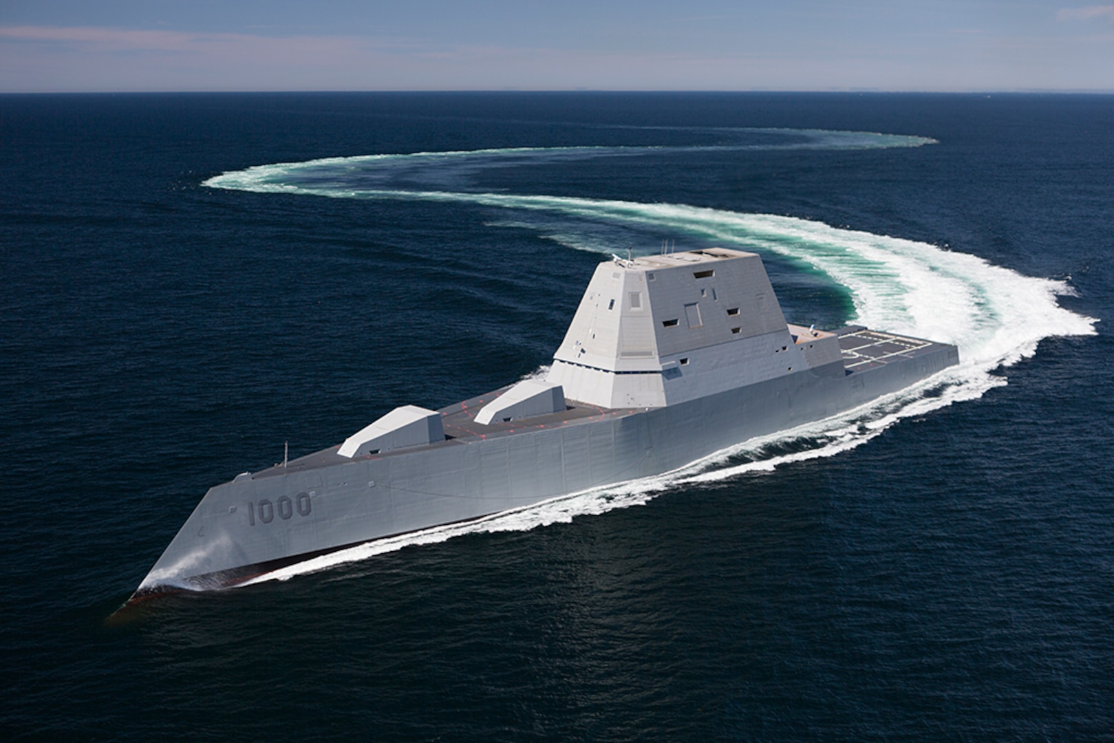 The future guided-missile destroyer USS Zumwalt (DDG 1000) transits the Atlantic Ocean during acceptance trials April 21, 2016 with the Navy's Board of Inspection and Survey (INSURV). The U.S. Navy accepted delivery of DDG 1000, the future guided-missile destroyer USS Zumwalt (DDG 1000) May 20, 2016. Following a crew certification period and October commissioning ceremony in Baltimore, Zumwalt will transit to its homeport in San Diego for a Post Delivery Availability and Mission Systems Activation. DDG 1000 is the lead ship of the Zumwalt-class destroyers, next-generation, multi-mission surface combatants, tailored for land attack and littoral dominance. (U.S. Navy/Released)
