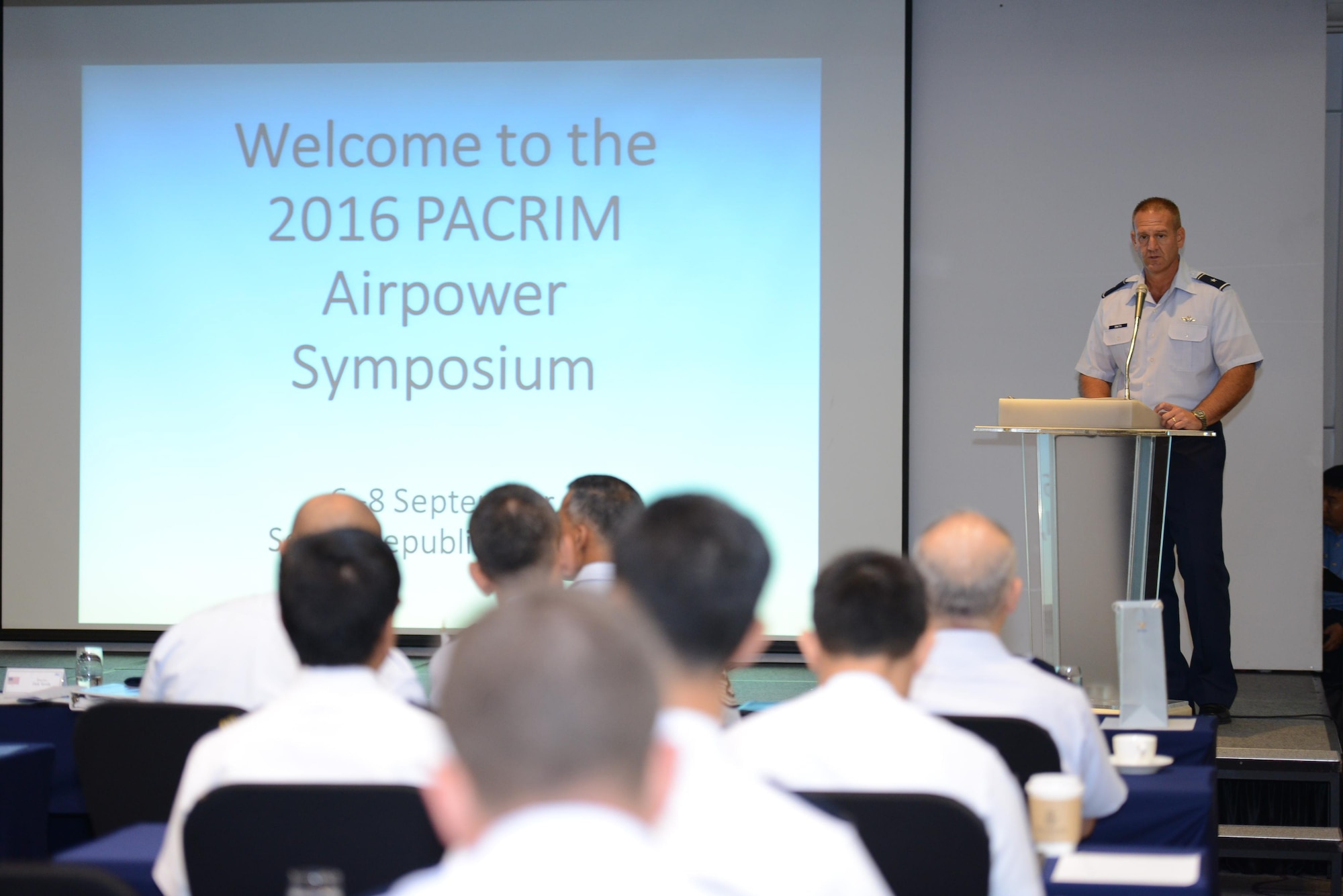 U.S. Air Force Brig. Gen. Dirk Smith, Pacific Air Forces Director of Air and Cyberspace Operations, provides a briefing during the recent Pacific Rim (PACRIM) Airpower Symposium, Sept. 5-9, 2016 in Seoul, Republic of Korea. The PACRIM Airpower Symposium builds and improves multilateral relationships among air forces in the Indo-Asia-Pacific region. Bringing regional partners together in forums such as the PACRIM Airpower Symposium to address issues of mutual concern enhance the ability to respond to crises that threaten the peace and stability of the Indo-Asia-Pacific region. (Courtesy photo)