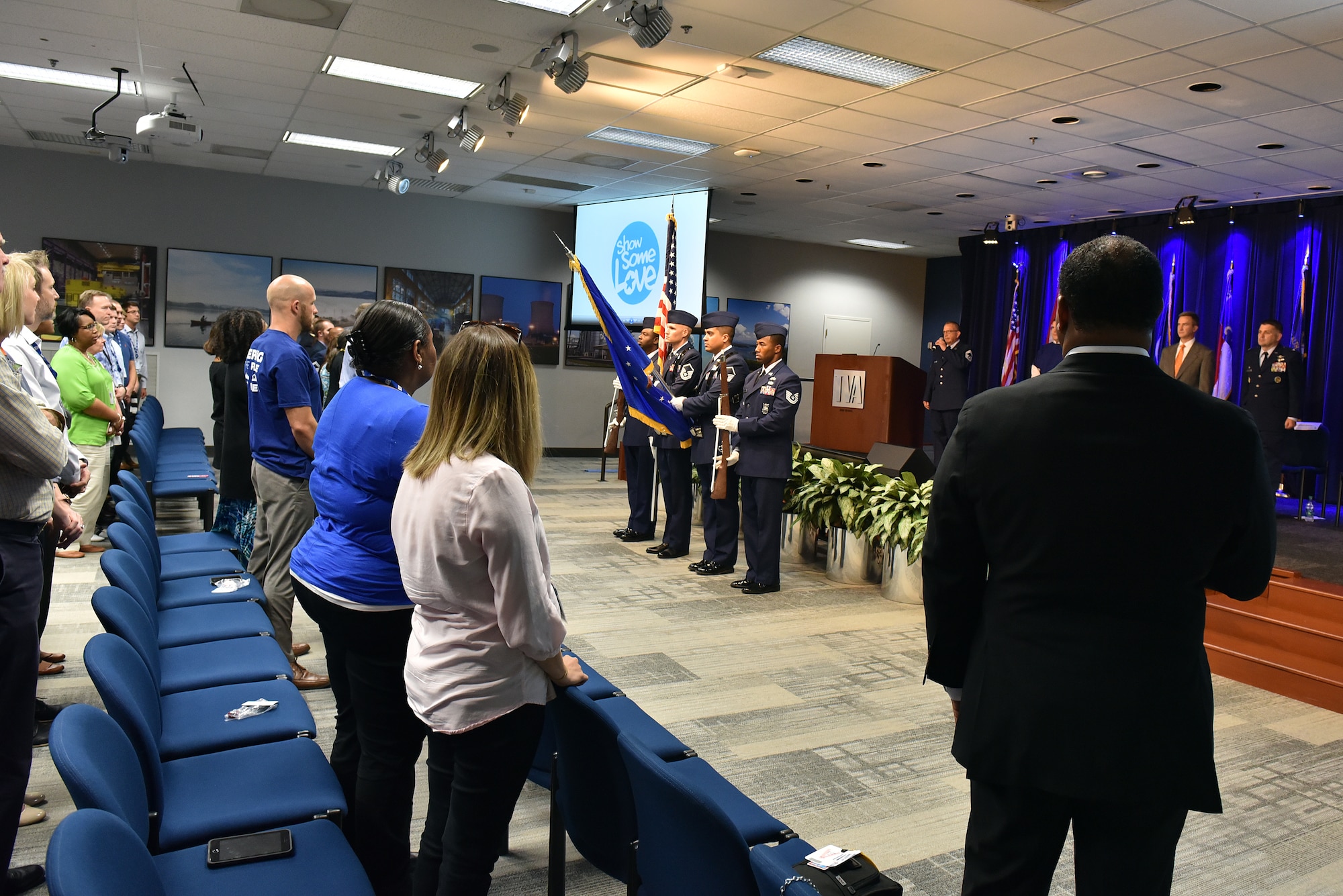 Airmen from the I.G. Brown Training and Education Center present the colors and sing the National Anthem Sept. 7, 2016, during the Smoky Mountain Region Combined Federal Campaign kickoff with other CFC representatives and federal employees at the Tennessee Valley Authority headquarters in downtown Knoxville, Tenn. (U.S. Air National Guard photo by Master Sgt. Mike R Smith)