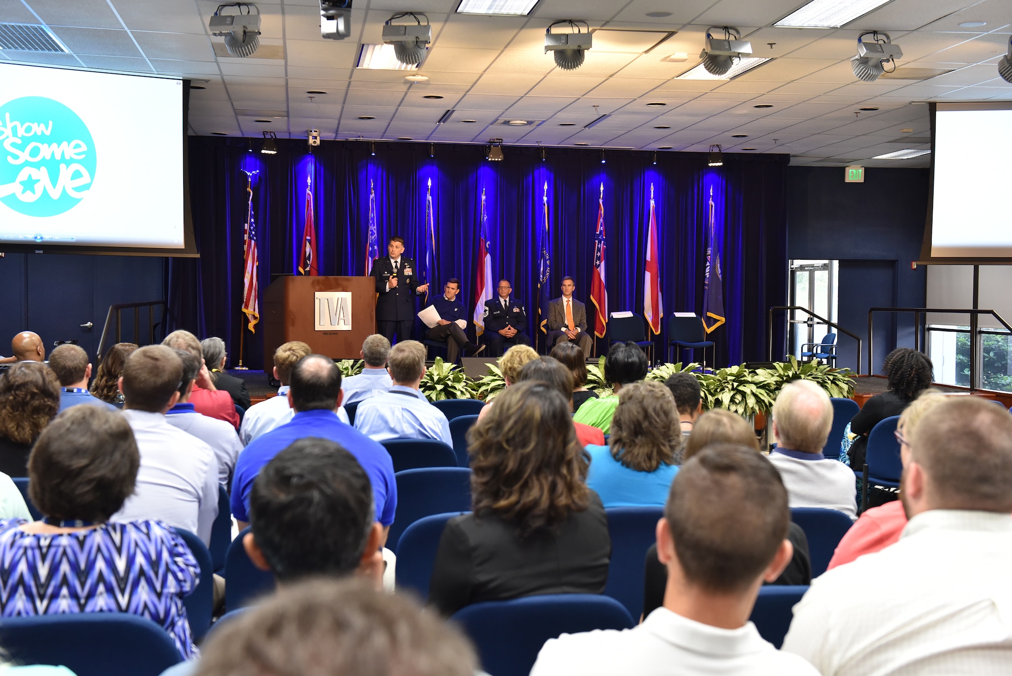 Col. Kevin Donovan, commander of the I.G. Brown Training and Education Center,  speaks Sept. 7, 2016, during the Smoky Mountain Region Combined Federal Campaign kickoff with other CFC representatives and federal employees at the Tennessee Valley Authority headquarters in downtown Knoxville, Tenn. (U.S. Air National Guard photo by Master Sgt. Mike R Smith)