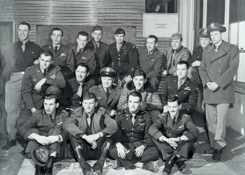 Some of the first pilots assigned to the Iowa Air National Guard’s 174th Fighter Squadron, Sioux City, Iowa, pose for a group photo in April, 1951. The group which includes several World War Two veterans, was activated on April 15, 1951 for service in the Korean War.
First row: Lt. Sheldon Hanneman, Lt. Warren Nelson, Lt. Harold Taylor, Maj. John Bradley; Second row: Capt. Richard Baughn, Capt. Harry McGraw, Lt. Tommy Green, Lt. Jack Savage, Lt. Richard Sulzbach, Lt. Al Grier; Third row: Capt. Donald Forney, Lt. Richard Smith, Lt. Kelly Cook, Maj. M.W. McMillan, Capt. Don Oldis, Maj. Robert Ruby (Commander) Lt. Douglas Griggs, Lt. Richard Nurre. 
Pilots not pictured Lt. Lyle Steely, Lt. Paul Cook, Lt. Gordon Young, Lt. William Hart, Lt. Rober Olson, Lt. Melvin Scott, Lt. Glen De Munck, Capt. Gale Stevens. 
U.S. Air National Guard Photo/released