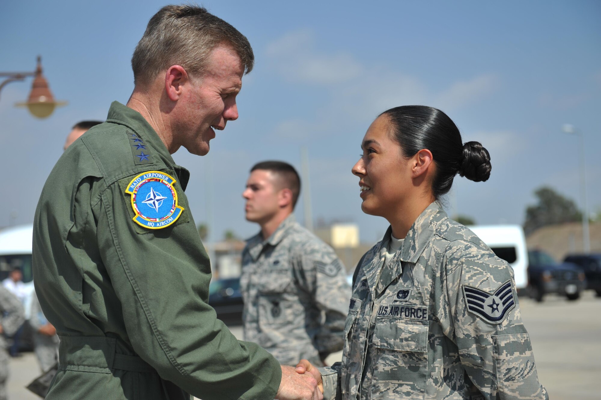 U.S. Air Force Gen. Tod D. Wolters, U.S. Air Forces in Europe and U.S. Air Forces Africa commander, speaks to Staff Sgt. Amanda Olmos from the 39th Logistics Readiness Squadron Aug. 31, 2016, at Incirlik Air Base, Turkey. Wolters spent the day interacting with Airmen as he learned about and observed them performing their duties. (U.S. Air Force photo by Tech. Sgt. Joshua T. Jasper)