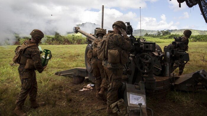 Marines from Bravo Company, “Black Sheep,” 1st Battalion, 12th Marine Regiment, fire off an artillery round from their M777 Light Weight Towed Howitzer during a training exercise  at Marine Corps Base Hawaii, Sept. 06, 2016. Marines from Bravo Co., “Black Sheep,” 1st Bn., 12th Marines, participated in exercise Spartan Fury 16.4. Spartan Fury is a pre-deployment exercise in which service members conduct live-fire artillery training and unit leaders are able to further assess and improve the lethality of the battalion.