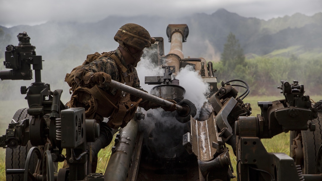 A Marine from Bravo Company, “Black Sheep,” 1st Battalion, 12th Marine Regiment, cleans the barrel of an  M777 Light Weight Towed Howitzer during a training exercise at Marine Corps Base Hawaii, Sept. 06, 2016. Marines from Bravo Co., “Black Sheep,” 1st Bn., 12th Marines, participated in exercise Spartan Fury 16.4. Spartan Fury is a pre-deployment exercise in which service members conduct live-fire artillery training and unit leaders are able to further assess and improve the lethality of the battalion.