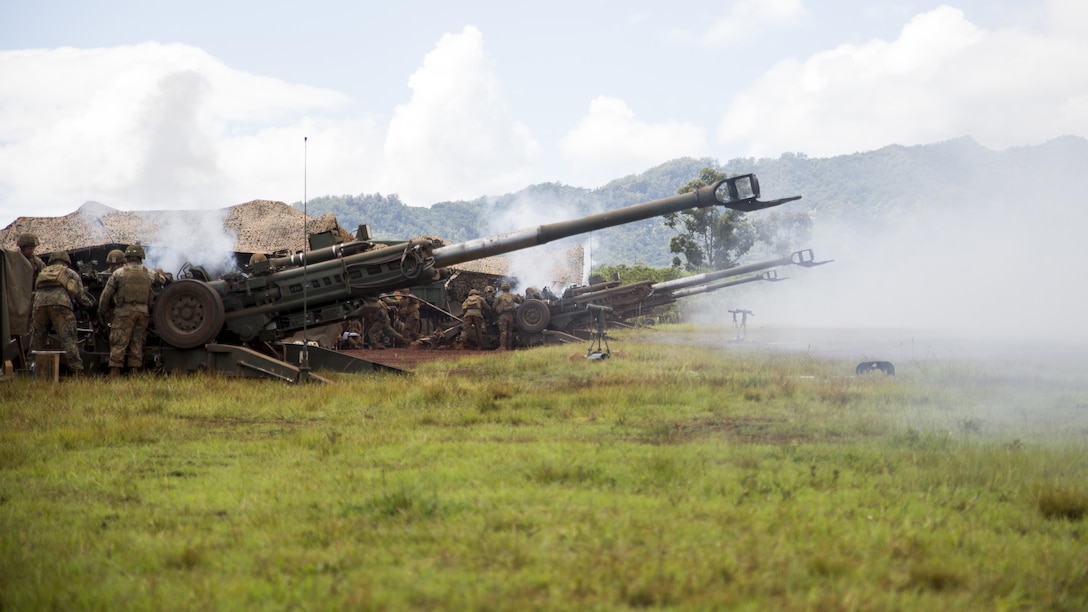 Marines from Bravo Company, “Black Sheep,” 1st Battalion, 12th Marine Regiment, fire off artillery rounds from their M777 Light Weight Towed Howitzer during a training exercise at Marine Corps Base Hawaii, Sept. 06, 2016. Marines from Bravo Co., “Black Sheep,” 1st Bn., 12th Marines, participated in exercise Spartan Fury 16.4. Spartan Fury is a pre-deployment exercise in which service members conduct live-fire artillery training and unit leaders are able to further assess and improve the lethality of the battalion.