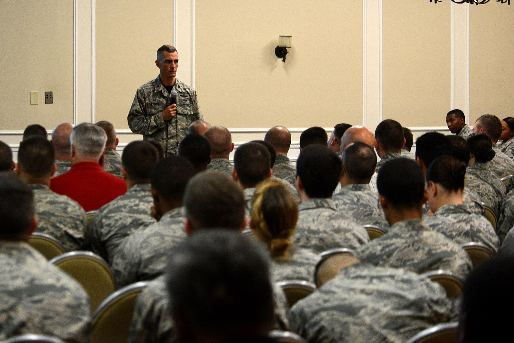 U.S. Air Force Col. Daniel Lasica, 20th Fighter Wing commander, addresses Airmen attending a commander’s call at Shaw Air Force Base, S.C., Sept. 1, 2016. The commander’s call was intended to give Lasica a chance to meet 20th FW Airmen face-to-face and discuss his expectations for the wing. (U.S. Air Force photo by Airman 1st Class Kelsey Tucker)