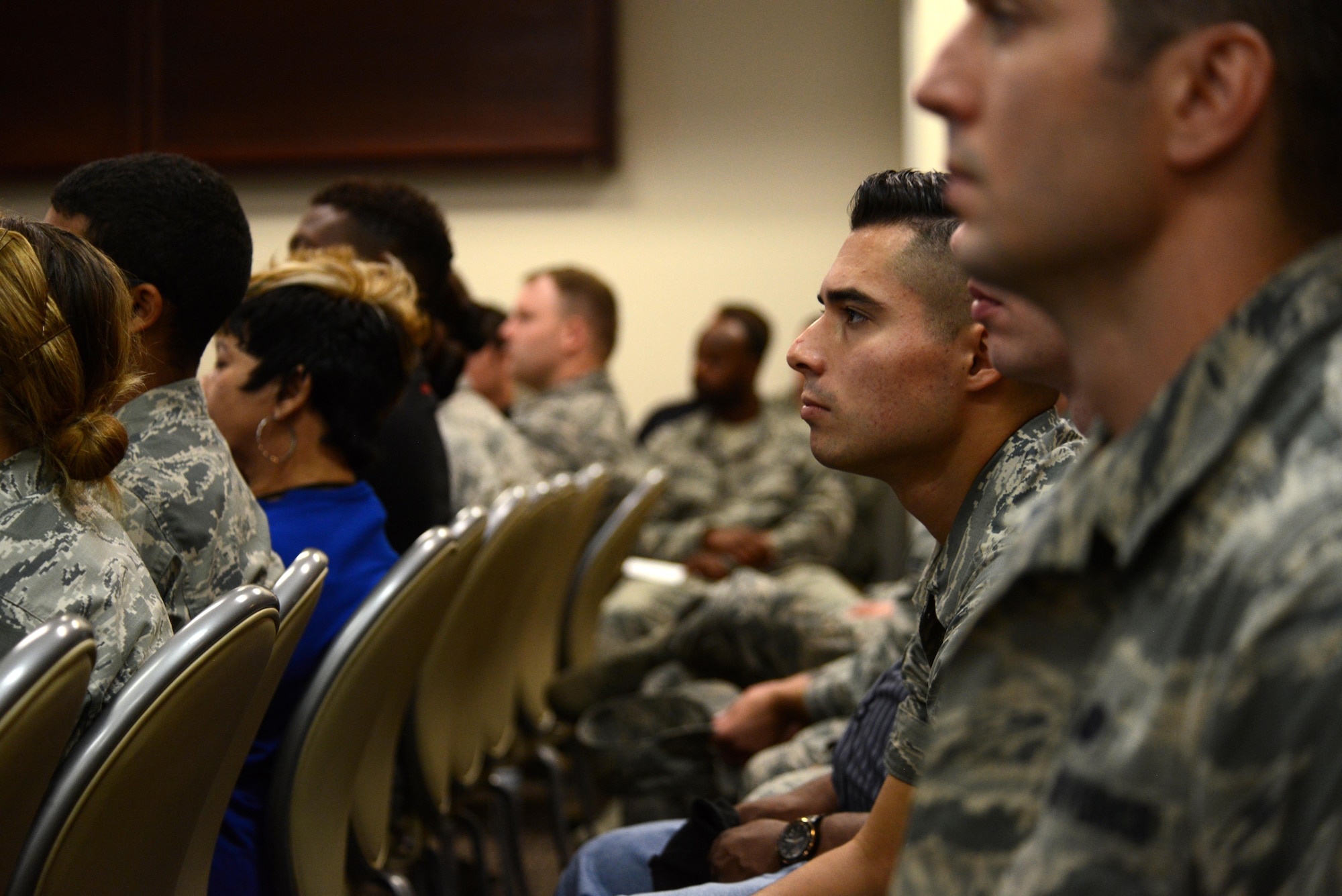 U.S. Airmen assigned to the 20th Fighter Wing listen as Col. Daniel Lasica, 20th FW commander, speaks at a commander’s call at Shaw Air Force Base, S.C., Sept. 1, 2016. During his first commander’s call as the new 20th FW commander, Lasica listed his expectations for 20th FW Airmen: to selflessly serve as a team player; to be the master of their craft; and to make a positive difference in everything they do both on- and off-base. (U.S. Air Force photo by Airman 1st Class Kelsey Tucker)