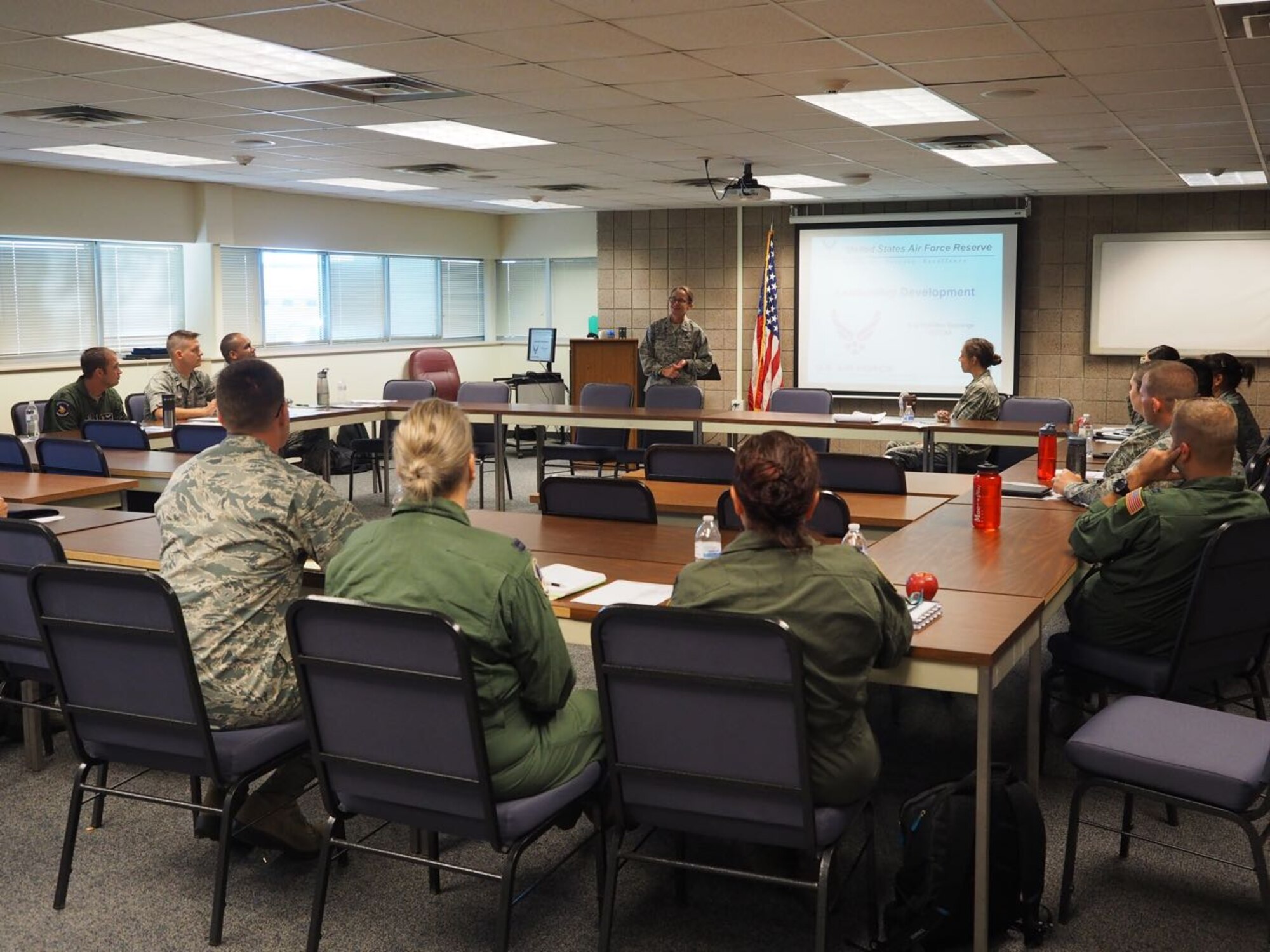 Brig. Gen. Maureen Banavige, Mobilization Assistant to the Director of Logistics, Air Combat Command, Joint Base Langley-Eustis, Virginia talks about leadership development at the 934th Airlift Wing Company Grade Officer's workshop Sept. 8. Banavige served as a squadron and deputy group commander at the 934th from 1996-2007. 