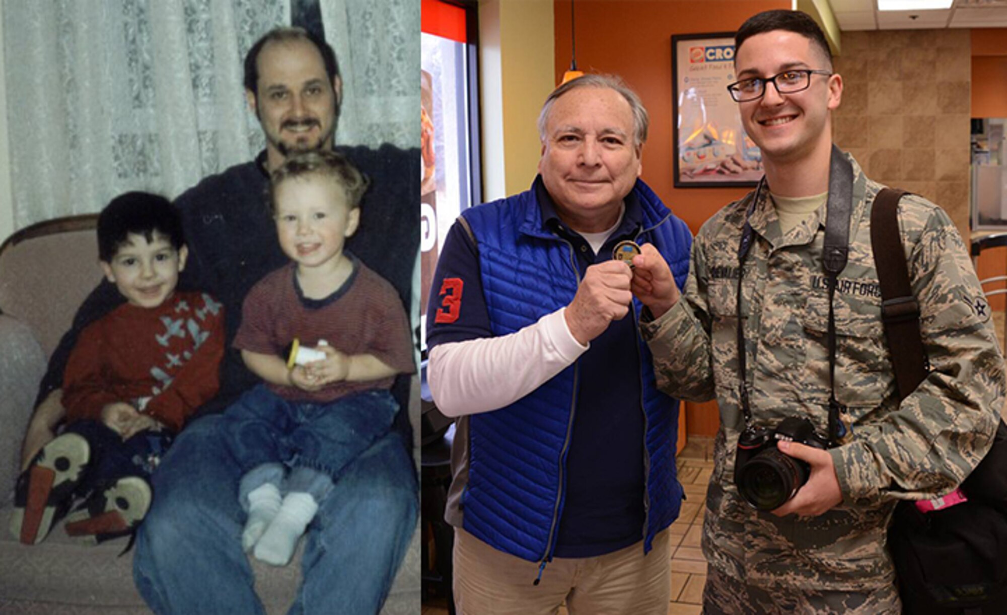 U.S. Air Force Airman 1st Class Eli Chevalier (far left) sits for a family portrait with his father and little brother in early 2001. Chevalier (right) receives coin by Medal of Honor recipient Alfred V. Rascon at Fort George G. Meade, Md., Feb. 27, 2016. (U.S. Air Force photo illustration/Airman 1st Class Eli Chevalier)