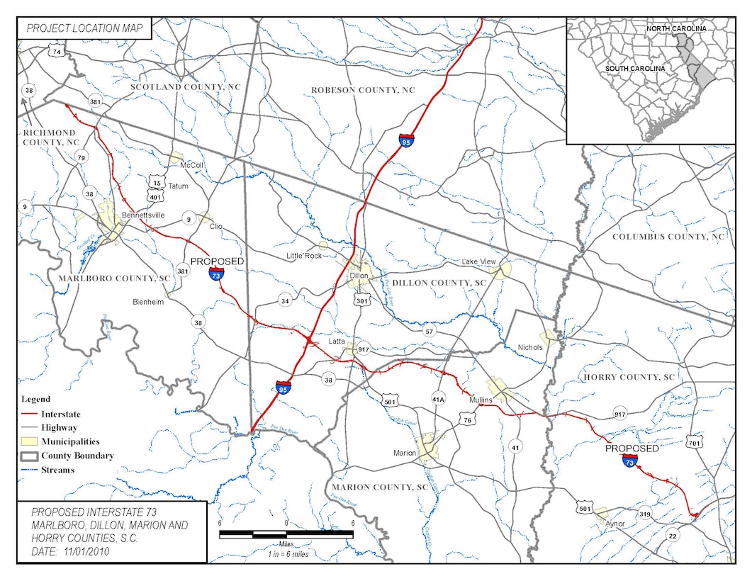 The Charleston District's Regulatory team is currently reviewing the proposed project from the South Carolina Department of Transportation to construct 76 miles of highway in the state, known as Interstate 73, which will connect Myrtle Beach to Detroit, Michigan.