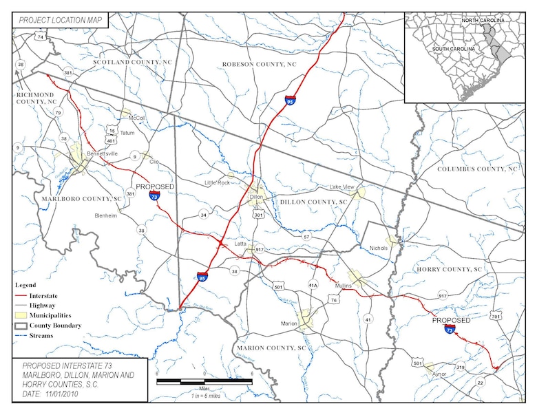 The Charleston District's Regulatory team is currently reviewing the proposed project from the South Carolina Department of Transportation to construct 76 miles of highway in the state, known as Interstate 73, which will connect Myrtle Beach to Detroit, Michigan.