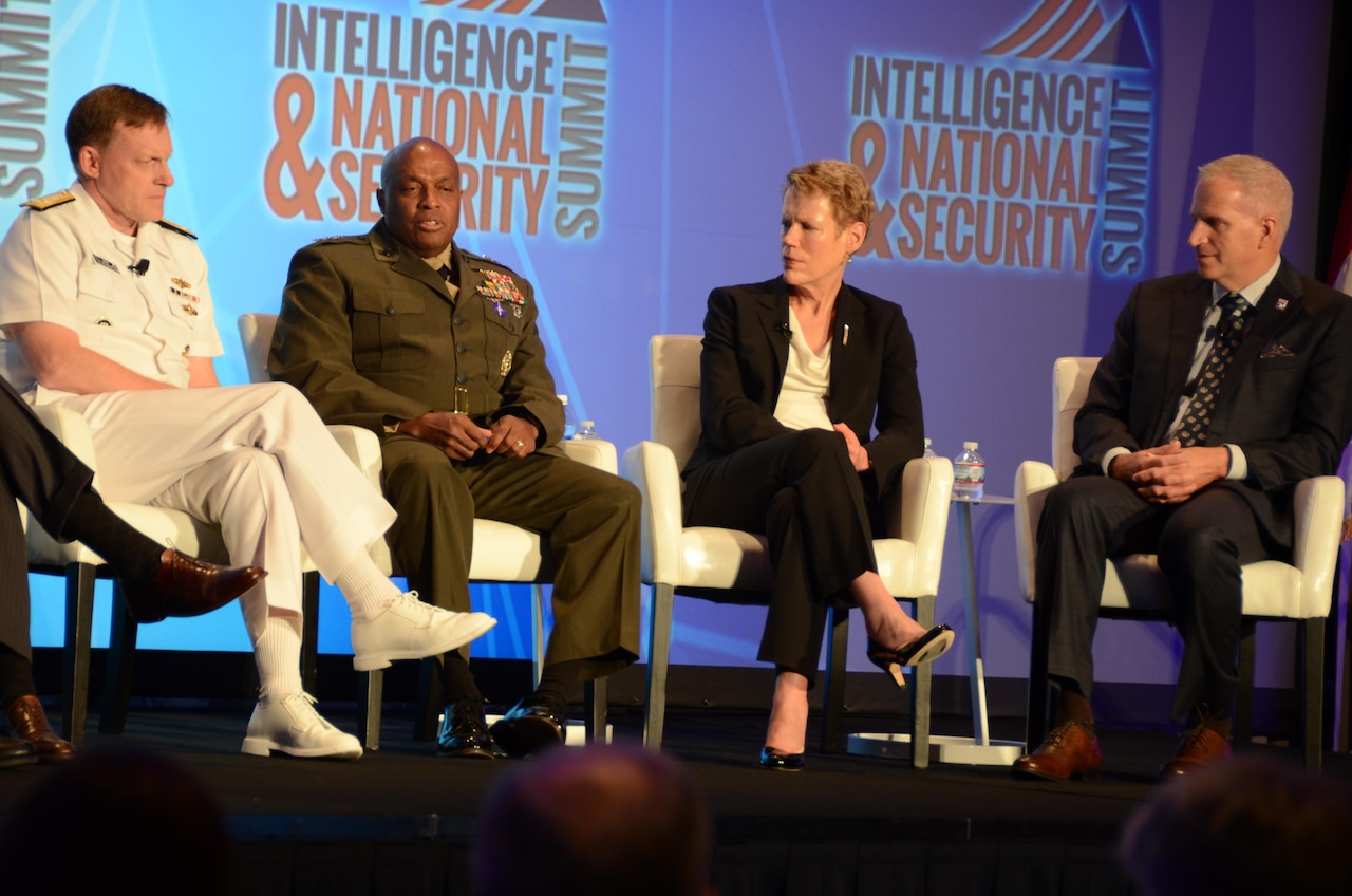 From left, Navy Adm. Michael Rogers, U.S. Cyber Command director; Marine Corps Lt. Gen. Vincent Stewart, Defense Intelligence Agency director; Betty Sapp, National Reconnaissance Office director and Robert Cardillo, National Geospatial-Intelligence Agency director share their perspectives on U.S. national, defense and homeland security issues at the third annual Intelligence and National Security Summit Sept. 8, 2016. DoD photo by Amaani Lyle