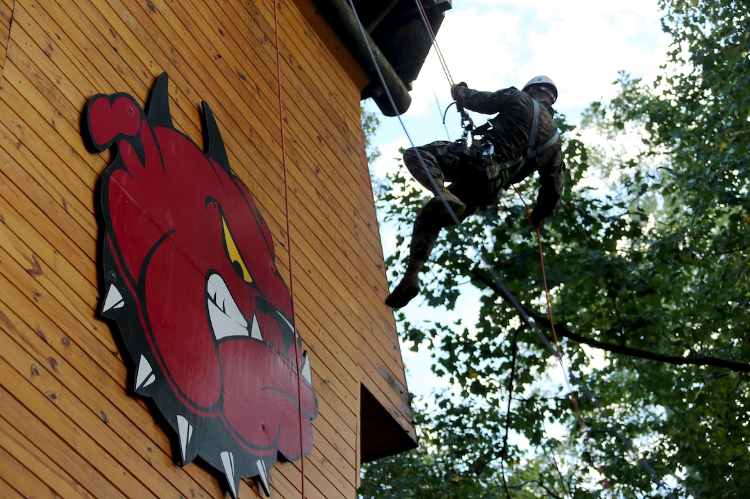 A Marine assigned to Marine Tactical Air Command Squadron 28 repels down the Devil Dog Dare repel tower during their second annual Warrior Day at Marine Corps Air Station Cherry Point, N.C., Sept. 1, 2016. More than 50 Marines participated in MTACS-28's warrior day which included six different stations that incorporated ground fighting matches, an M-16 service rifle disassembly and reassembly, kayaking, radio set-up, repelling, and a 50-yard Humvee pull. Marines worked hand-in-hand to complete events as a team while sharing diverse leadership styles, years of experience and espirit de Corps. MTACS-28 is part of Marine Air Control Group 28, 2nd Marine Aircraft Wing. (U.S. Marine Corps photo by Cpl. Jason Jimenez/Released)