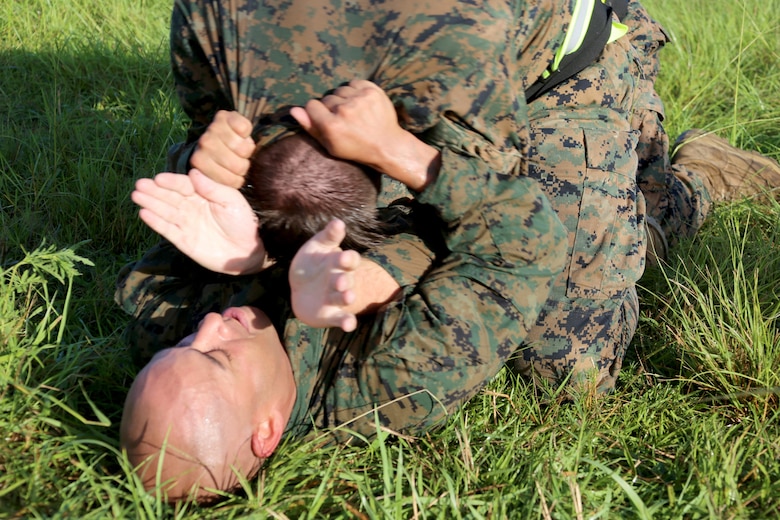 Sgt. Maj. Willy Carrion, bottom, grapples with Cpl. Dylan Carr during Marine Tactical Air Command Squadron 28’s second annual Warrior Day at Marine Corps Air Station Cherry Point, N.C., Sept. 1, 2016. More than 50 Marines participated in MTACS-28's warrior day which included six different stations that incorporated ground fighting matches, an M-16 service rifle disassembly and reassembly, kayaking, radio set-up, repelling, and a 50-yard Humvee pull. Marines worked hand-in-hand to complete events as a team while sharing diverse leadership styles, years of experience and espirit de Corps. MTACS-28 is part of Marine Air Control Group 28, 2nd Marine Aircraft Wing. (U.S. Marine Corps photo by Cpl. Jason Jimenez/Released)