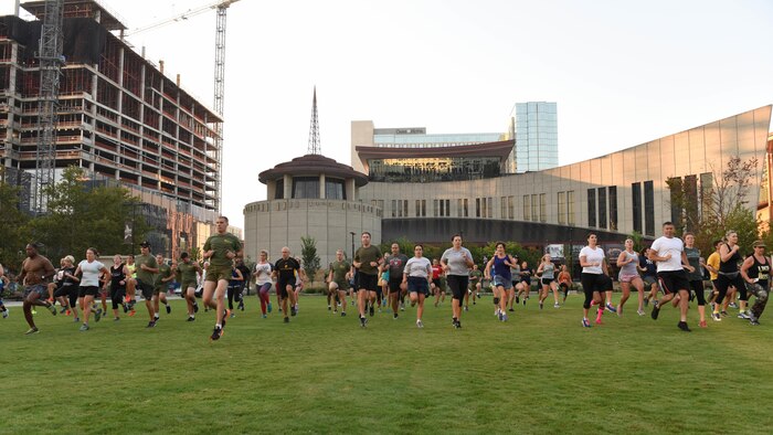 A group of Nashville resident conduct physical training with the Marines, Sept. 8, 2016, during the public PT event at the Walk of Fame Park in downtown Nashville as part of Marine Week. Marine Week provides an opportunity for the Marine Corps to visit a city that normally doesn’t have opportunities to interact with Marine on a regular basis.