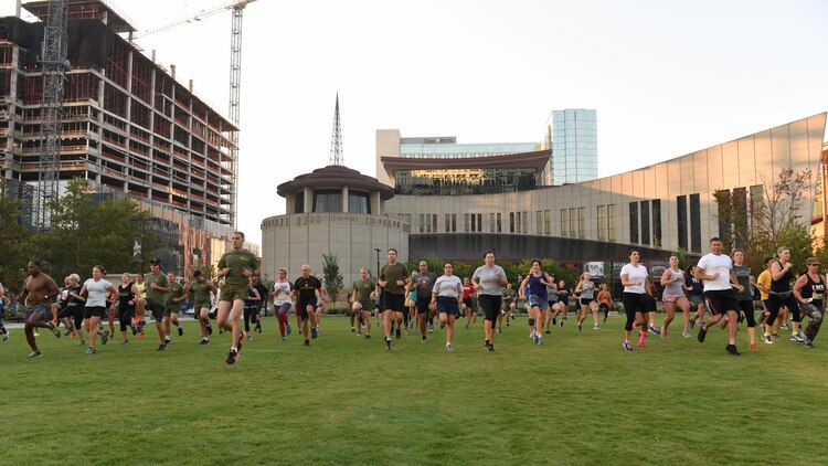 A group of Nashville resident conduct physical training with the Marines, Sept. 8, 2016, during the public PT event at the Walk of Fame Park in downtown Nashville as part of Marine Week. Marine Week provides an opportunity for the Marine Corps to visit a city that normally doesn’t have opportunities to interact with Marine on a regular basis.