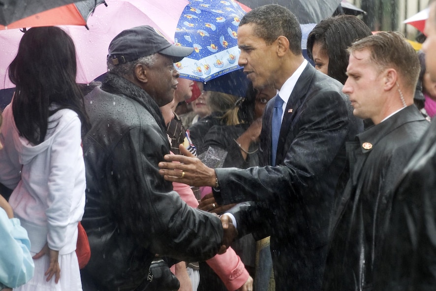 President Barack Obama greets family members attending the Pentagon commemoration ceremony.