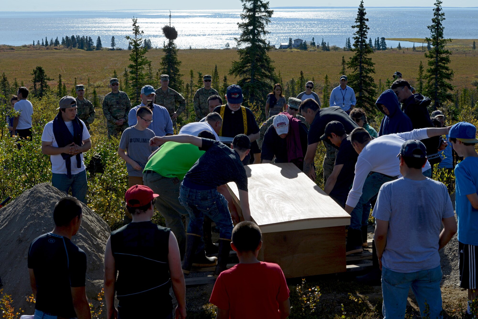 Former Alaska National Guard adjutant general Maj. Gen. John Schaeffer Jr, is carried to his final resting place at Ivik, Alaska, August 31, 2016. Schaeffer enlisted in the Alaska National Guard in 1957, and served for 34 years.  Schaeffer was the first Alaska Native two-star general of the Alaska National Guard and commissioner of the Alaska Department of Military and Veterans Affairs. He is survived by Mary his wife of 56 years. (U.S. Air Force photo by Airman 1st Class Javier Alvarez)