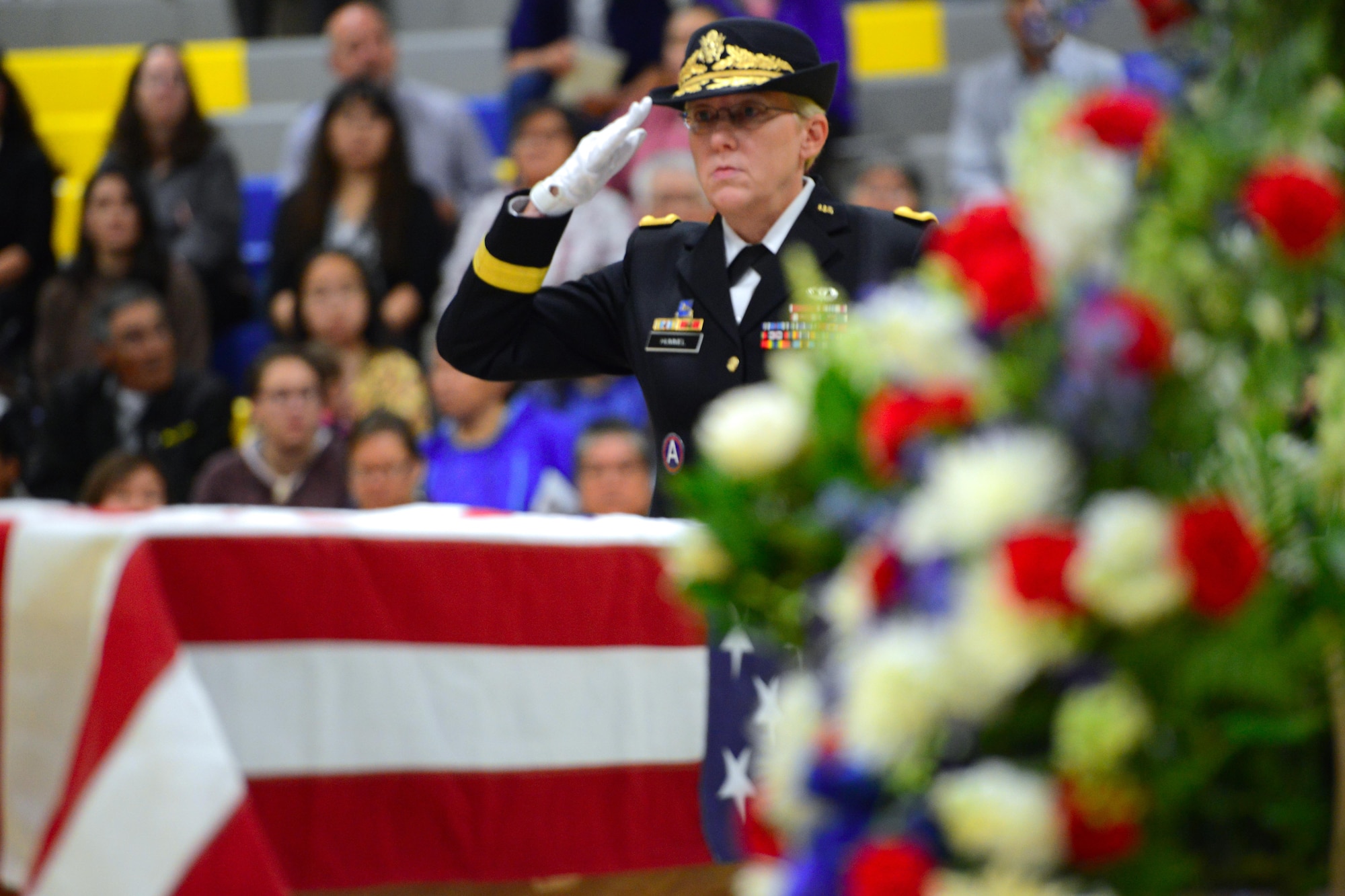 Brig. Gen. Laurie Hummel, Alaska National Guard adjutant general, salutes the casket of former Alaska Adjutant General Maj. Gen. John Schaeffer Jr, at Kotzebue, Alaska, Aug. 31, 2016. Schaeffer enlisted in the Alaska National Guard in 1957, and served for 34 years.  Schaeffer was the first Alaska Native two-star general of the Alaska National Guard and commissioner of the Alaska Department of Military and Veterans Affairs. He is survived by Mary his wife of 56 years. (U.S. Air Force photo by Airman 1st Class Javier Alvarez)