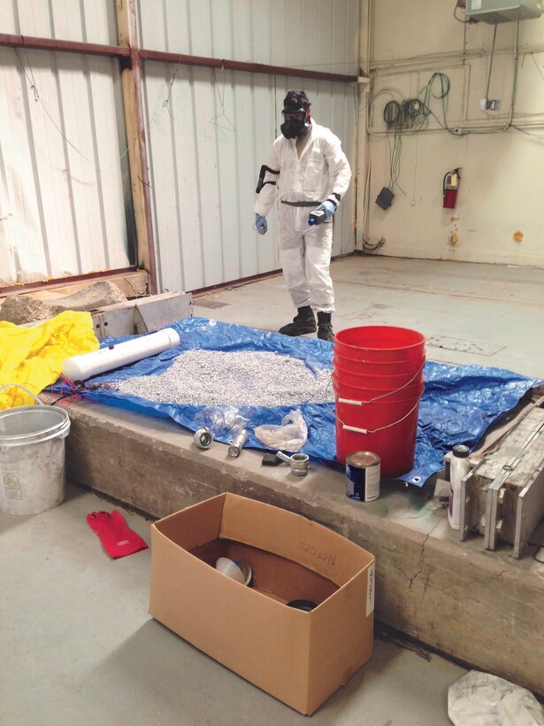 A Soldier from the 75th Ranger Regiment inventories equipment during a simulation training exercise in 2015.  He is investigating the possibility of a radiological source in an airfield takedown scenario. The training is provided by the Defense Nuclear Weapons School.  (Courtesy photo)