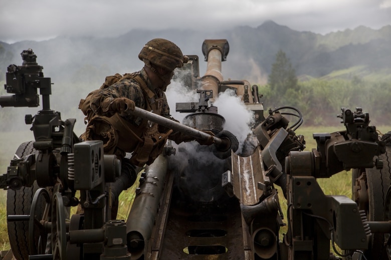 SCHOFIELD BARRACKS – A Marine from Bravo Company, “Black Sheep,” 1st Battalion, 12th Marine Regiment, cleans the barrel of an M777 Light Weight Towed Howitzer during a training exercise at Schofield Barracks, Sept. 06, 2016. Marines from Bravo Co., “Black Sheep,” 1st Bn., 12th Marines, participated in exercise Spartan Fury 16.4. Spartan Fury is a pre-deployment exercise in which service members conduct live-fire artillery training and unit leaders are able to further assess and improve the lethality of the battalion. (U.S. Marine Corps photo by Lance Cpl. Jesus Sepulveda Torres) 