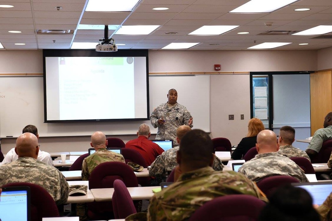 Army Reserve Maj. Lawrence Reid, G8/85th Support Command, gives opening remarks during a three-day Spend Plan training class for First Army active component brigade full time staff members, from across the U.S., August 19, 2016. The training provided information on the funding process for fiscal year 2017 which directly affects the operations, and logistics for soldiers training.
(Photo by Mr. Anthony L. Taylor)