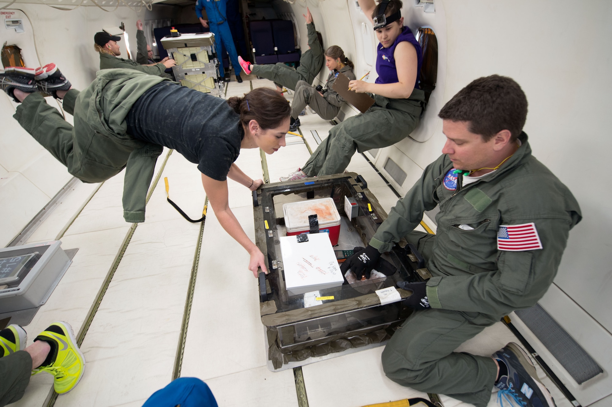 Researchers gathered data for their foam experiment during
a parabolic flight in 2015. Join Chief Nursing Officer from The Center for Aerospace Nursing Excellence, Scott Rhoades, on Sept. 24 as he makes two special presentations describing his experience with freefall aboard a parabolic flight, such as those used to train astronauts. The first presentation will begin at 11 a.m. and will repeat at 1:30 p.m. Credit: NASA Photo by James Blair
