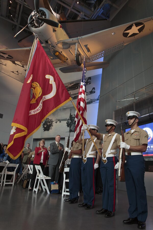 The Marine Forces Reserve color guard presents the colors during the Marine Corps Reserve Centennial leadership dinner at the National World War II Museum, Aug. 26, 2016. For 100 years, the Marine Corps Reserve has answered the call, serving as our nation’s crisis response force and expeditionary force in readiness. The centennial celebration is a way to honor that selfless service and commemorate the Marine Corps Reserve’s rich history, heritage and esprit de corps. The celebration is also a way for Reserve Marines to thank their families, employers and community for their continued support. (U.S. Marine Corps photo by Sgt. Ian Leones/Released)