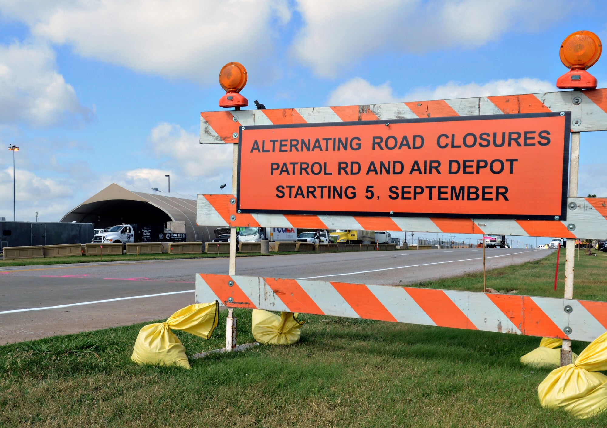 Construction has begun on Phase 1 of an eight phase major road construction project affecting Air Depot Boulevard south of Reserve Road through Patrol Road (east of the Hill Conference Center) on the south side of Tinker Air Force Base. Until Oct. 2, Patrol Road — from west of Gott Gate to the Hill Conference Center — is closed to all traffic. Signs are posted directing traffic to appropriate detour routes. The primary detour route will be Reserve Road and Rapcon Road through the 507th Air Refueling Wing area. Phase 2, beginning approximately Oct. 2, will close Gott Gate. Truck Gate operations will continue during all phases of this project. Drivers should plan alternate routes, including different gates, during these construction periods. Access to the 72nd Medical Group facility is not affected in Phase 1 of this project. Base officials will provide updates as the contractor moves through the phases of this project. Direct questions to Base Civil Engineering at 734-3451. (Air Force photo by Kelly White)