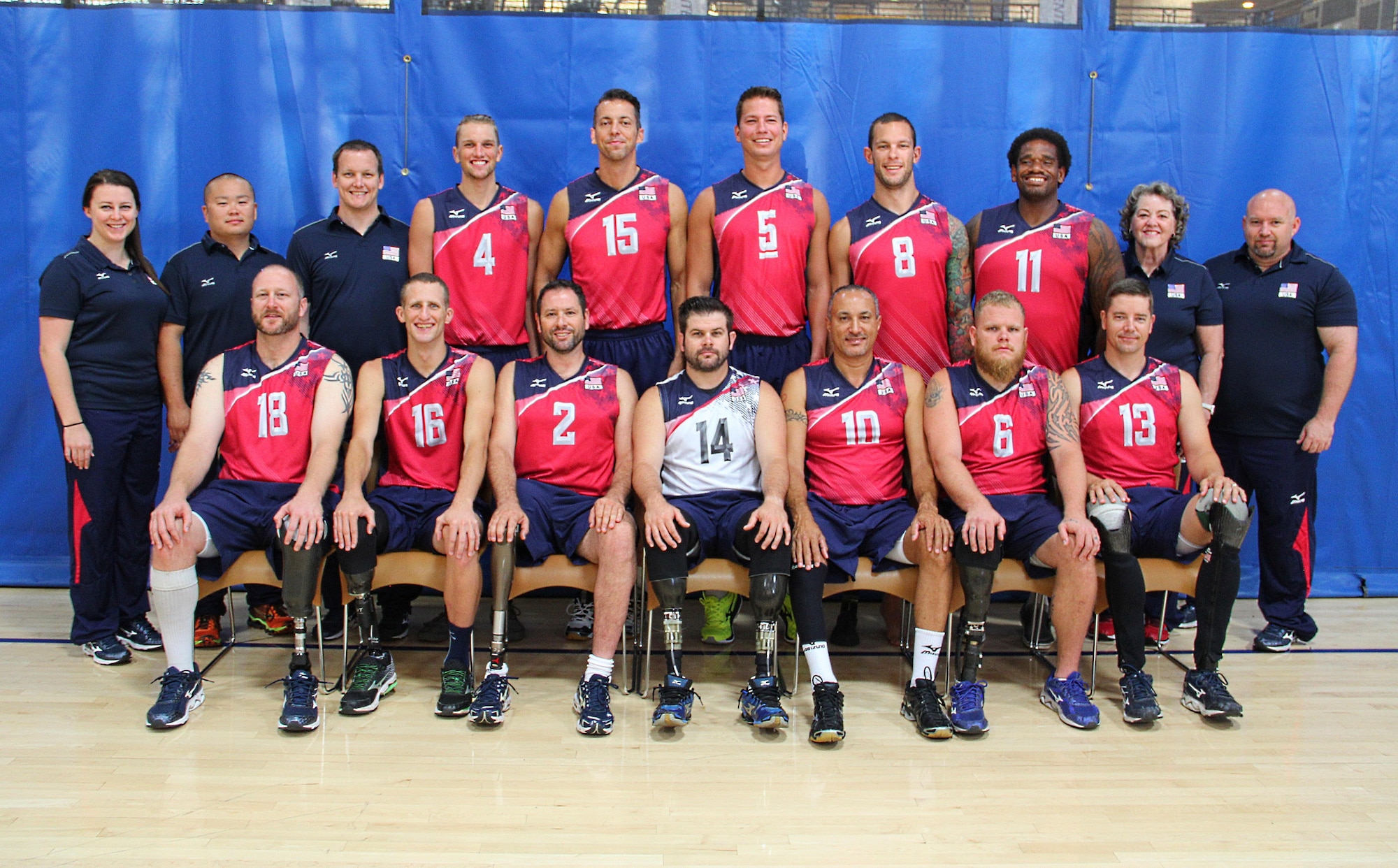 No. 18 J. Dee Marinko, front row left, poses with the 2016 Team USA sitting volleyball squad. The team is scheduled to play its first game today at the Paralympic Games in Rio de Janeiro. Marinko is a production controller with the 550th Commodities Maintenance Squadron. (Courtesy photo)